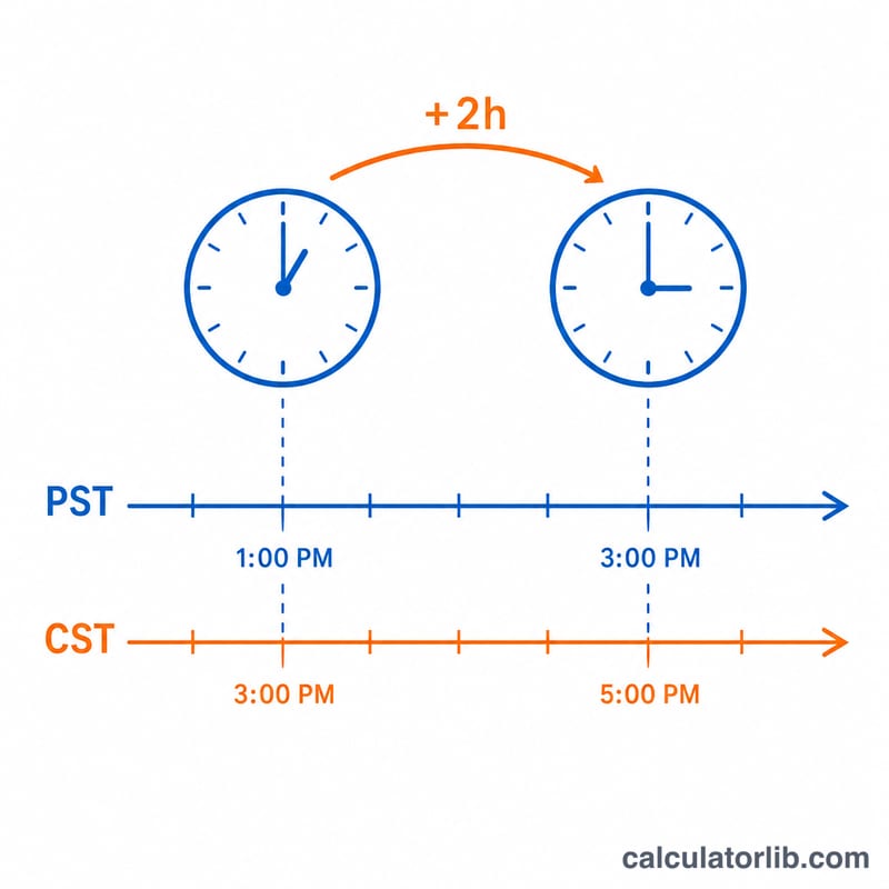 Diagram showing CST clock set 2 hours ahead of PST clock