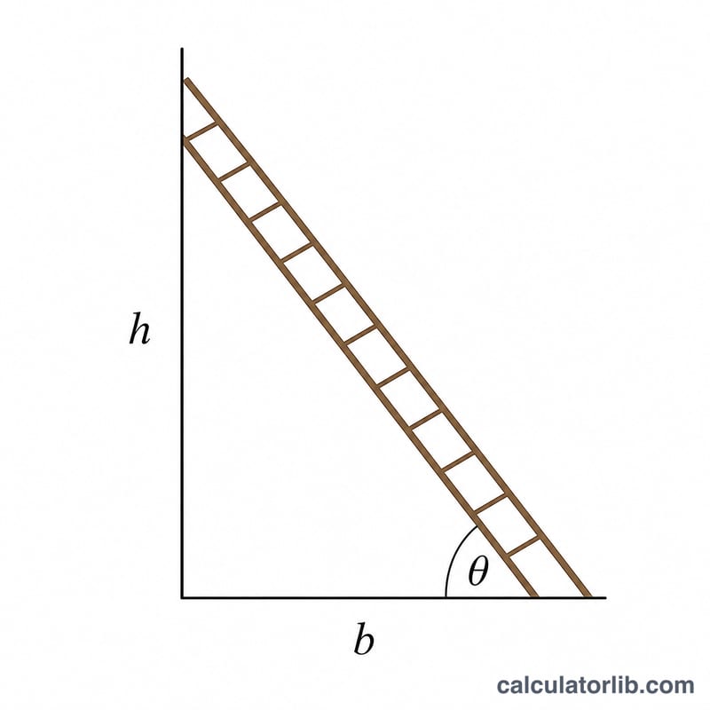 Ladder leaning against a wall showing height, base distance, ladder length and angle theta