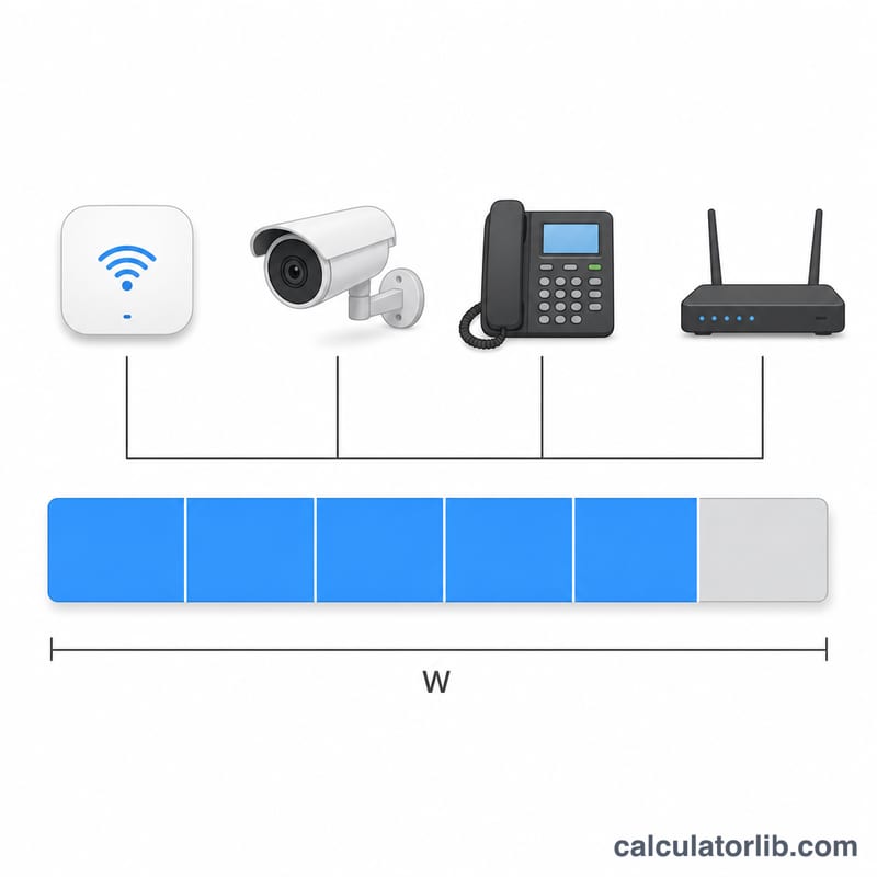 Flat diagram of a PoE switch power budget divided into device slices with leftover headroom