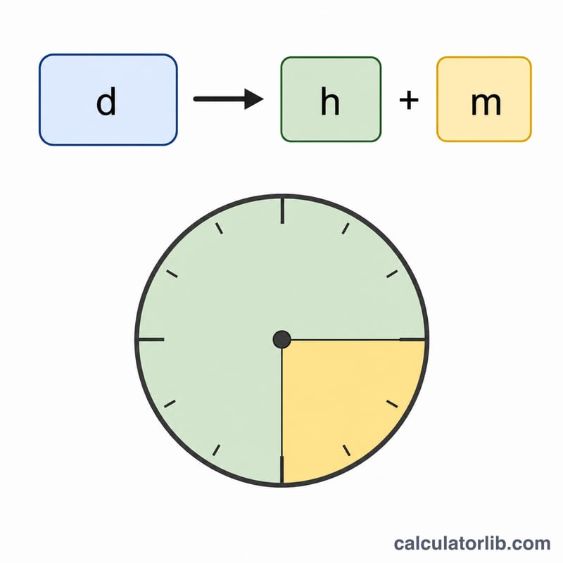 Diagram converting decimal hours d into hours h and minutes m with a clock