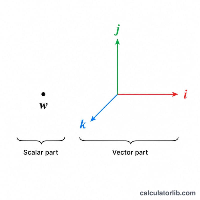 Quaternion shown as one real component and three imaginary axis components