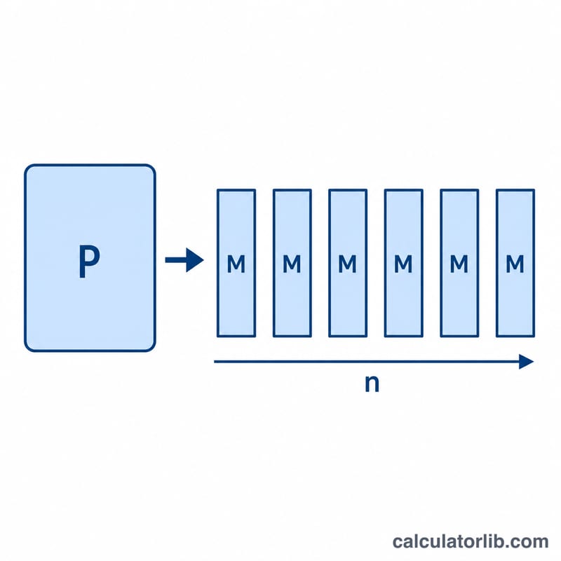 Diagram showing loan principal split into equal monthly payments over time