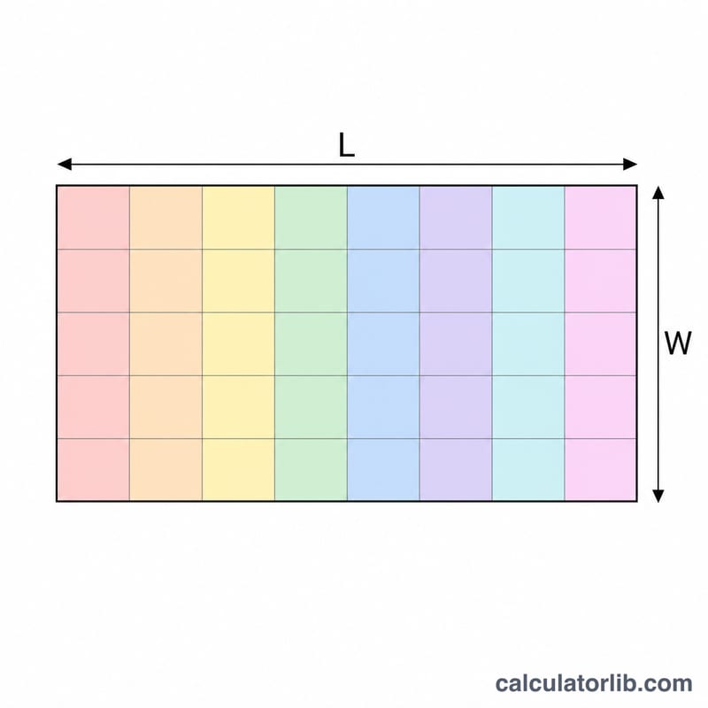 Rectangular room floor with length and width labels, divided into a grid representing coverage area per bag