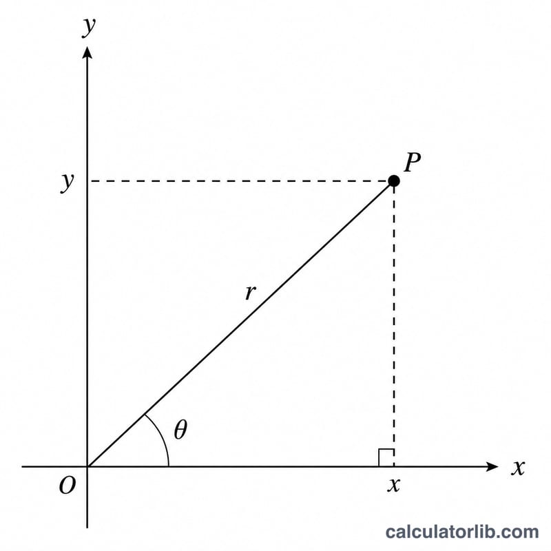 Polar coordinates r and theta shown with rectangular components x and y on a Cartesian plane