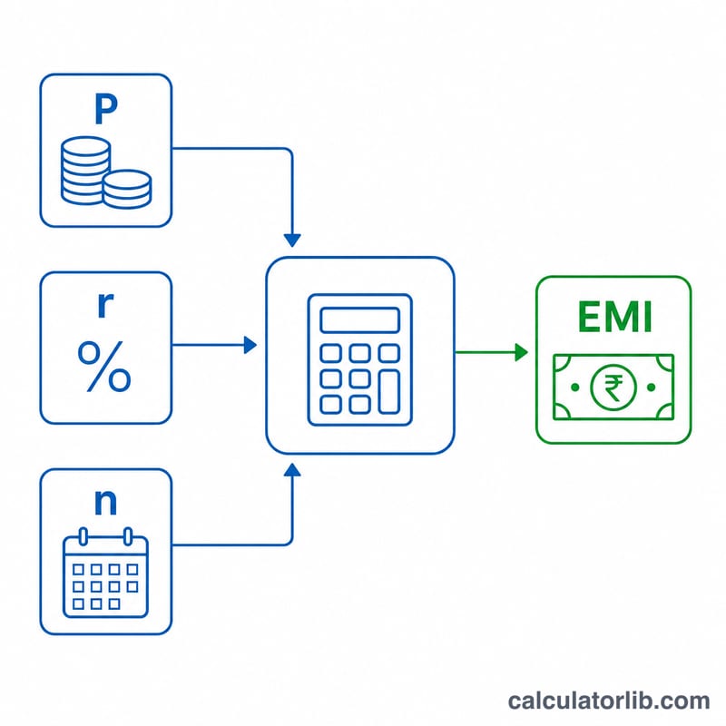 Diagram of the EMI formula showing principal, monthly interest rate and number of months combined to produce a fixed monthly payment