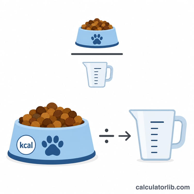 Diagrama que divide las calorías diarias entre las kcal por taza para obtener las tazas al día
