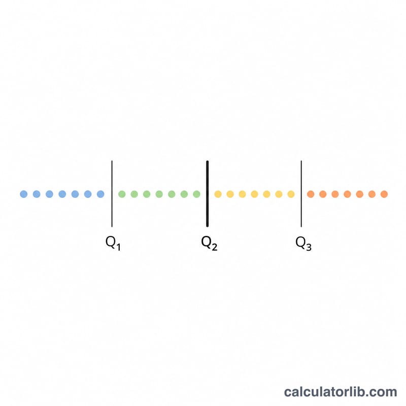 Q1、Q2、Q3で4つの等しい区間に分けられた、並べ替えられた数直線