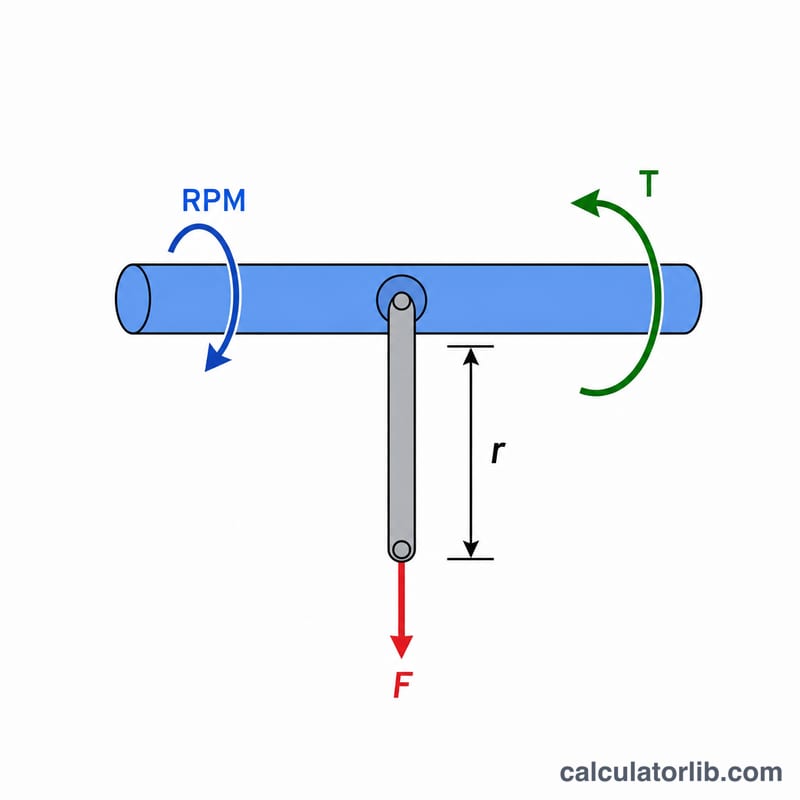 Diagram of a motor shaft with rotational speed and a tangential force at radius producing torque