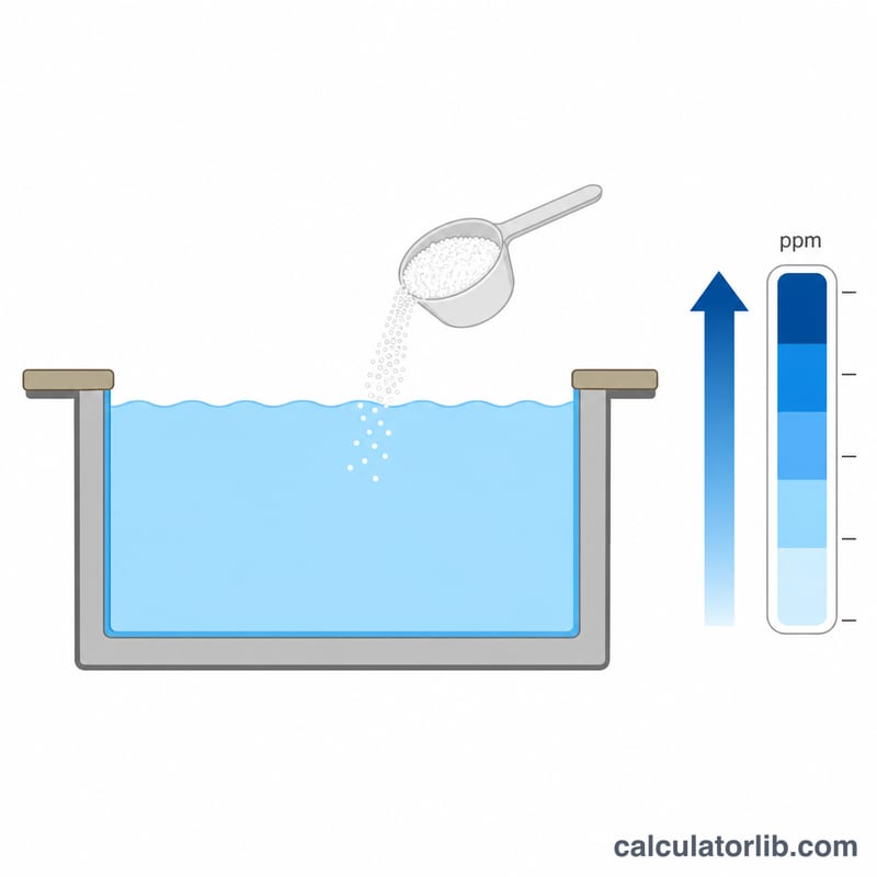 Pool with shock powder being added and a rising chlorine level gauge