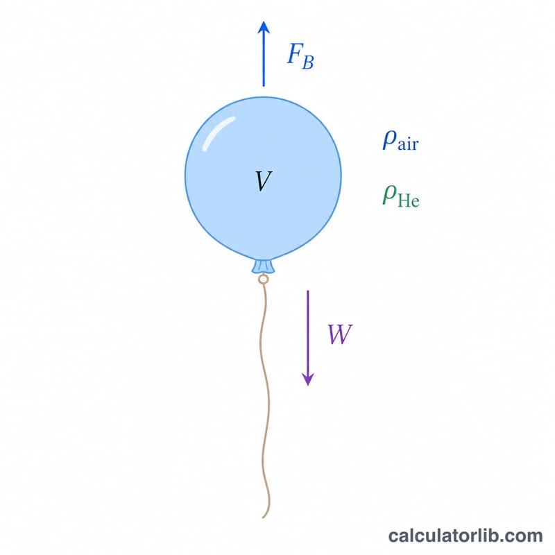 Schéma d'un ballon à hélium montrant la force de portance vers le haut, le poids vers le bas, les densités de l'air et de l'hélium, et le volume du ballon