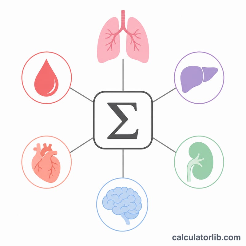 Six organ systems contributing to the SOFA score arranged around a central total