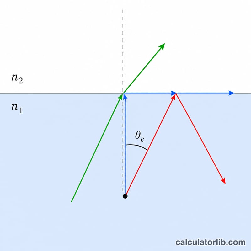 Light rays hitting a boundary between a dense and less dense medium at increasing angles, showing refraction, the critical angle, and total internal reflection