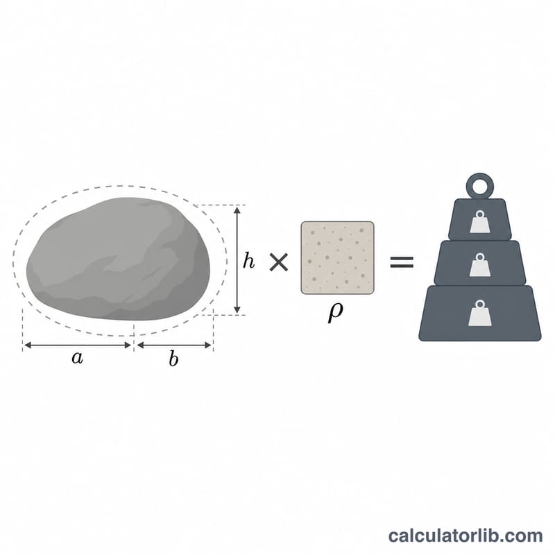 Diagram showing a boulder approximated as an ellipsoid with length, width, and height dimensions, multiplied by rock density to give weight