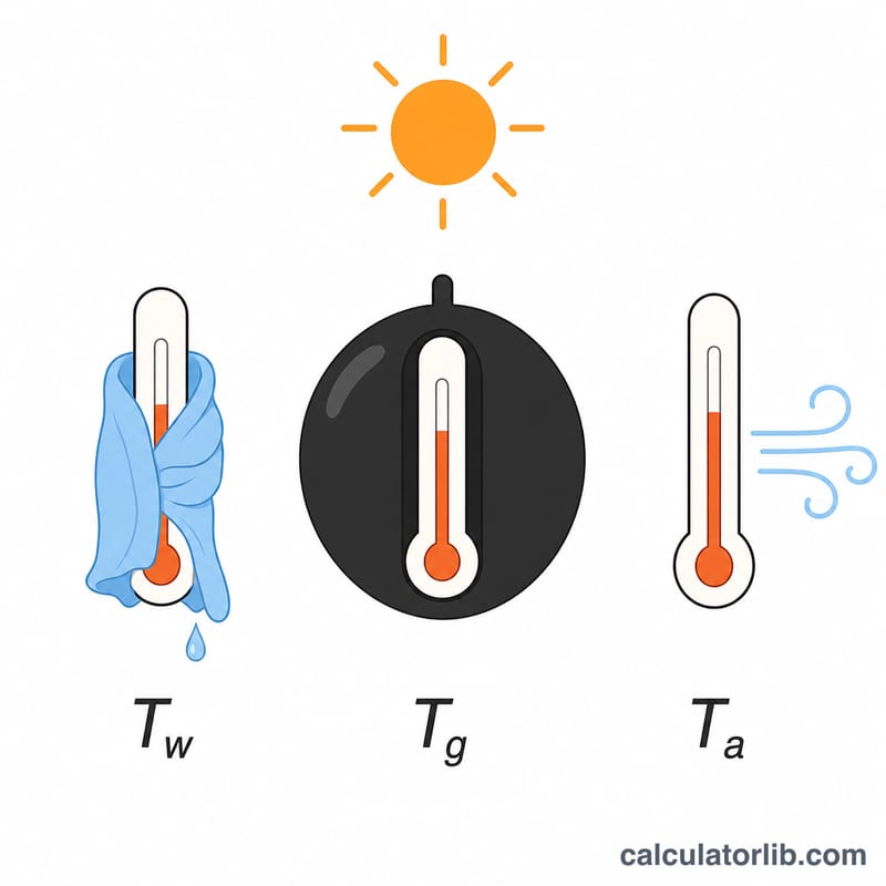 Three thermometers measuring wet-bulb, globe, and air temperature outdoors under the sun