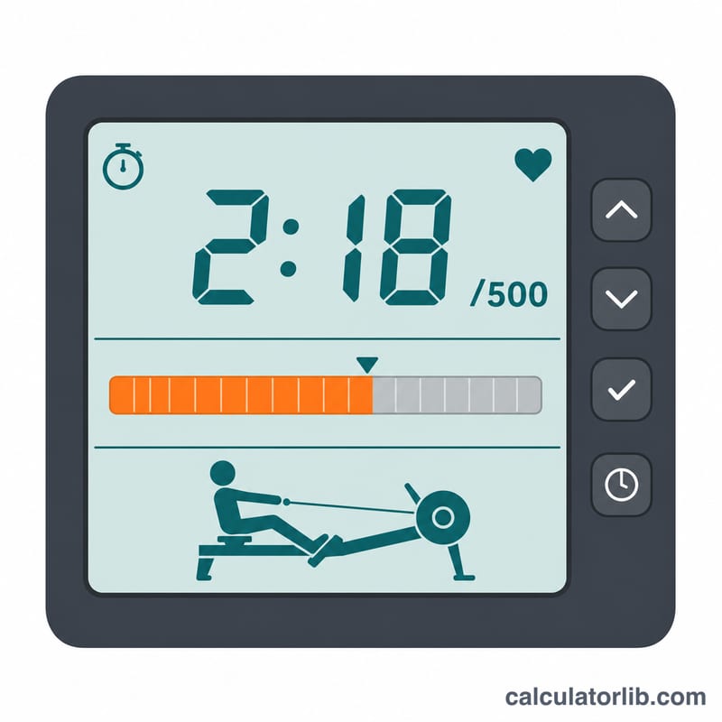 Rowing machine ergometer monitor showing a 500m split readout and a stroke distance bar