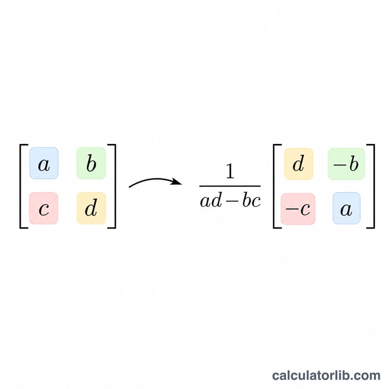 Diagram showing the inverse formula transformation of a 2x2 matrix