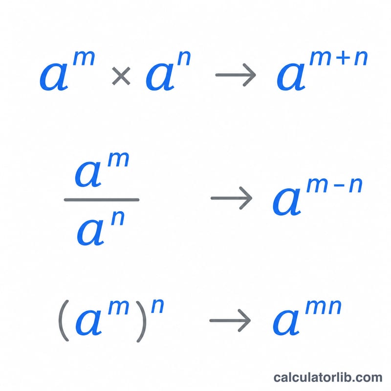 Three laws of exponents shown as flat diagrams