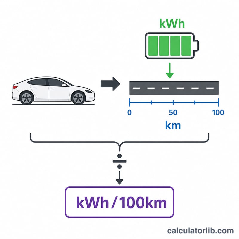 Sơ đồ liên hệ năng lượng dùng (kWh) và quãng đường (km) để tính kWh trên 100 km