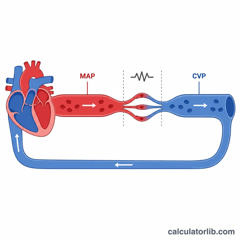Diagram of blood pressure gradient across the systemic circulation from arteries to veins