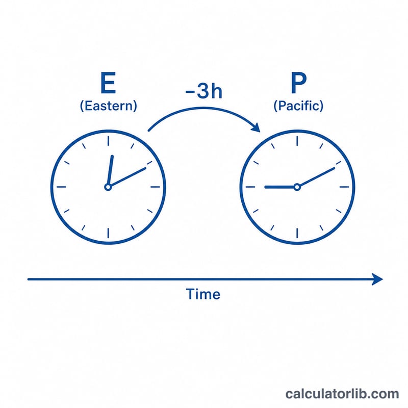 Two clocks showing Eastern time minus 3 hours equals Pacific time