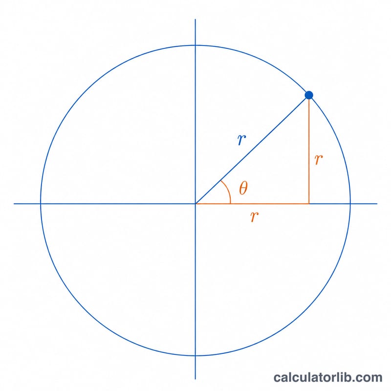 Unit circle showing angle theta with right triangle for sine, cosine and tangent