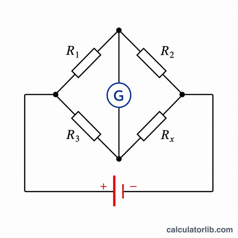 Wheatstone bridge circuit diagram with four resistors in a diamond, a voltage source and a galvanometer