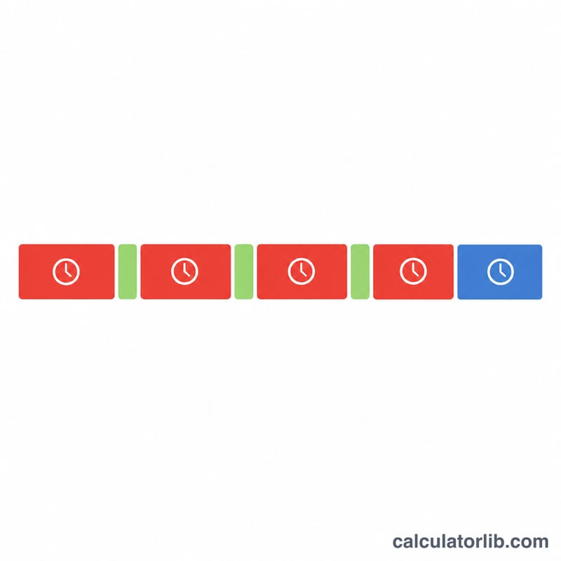 Timeline of a Pomodoro cycle showing a work block followed by a short break, repeating, then a long break