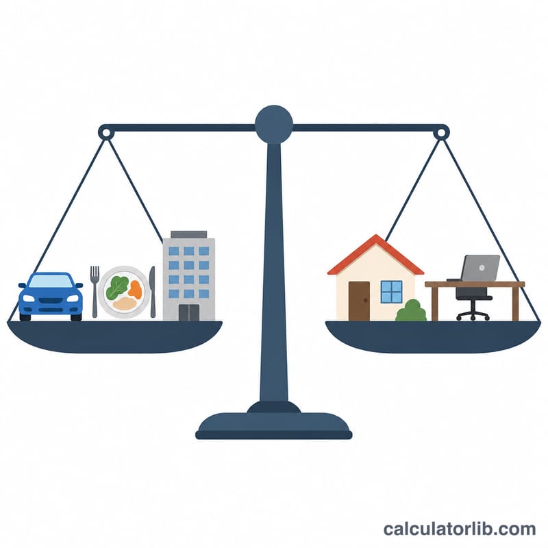 Balance scale comparing remote work costs against on-location work costs