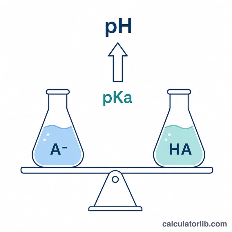 Diagram of Henderson-Hasselbalch equation components relating pH, pKa, and the ratio of conjugate base to weak acid