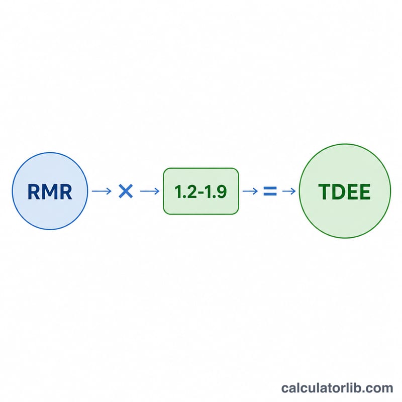 Diagram showing RMR multiplied by an activity factor to produce TDEE