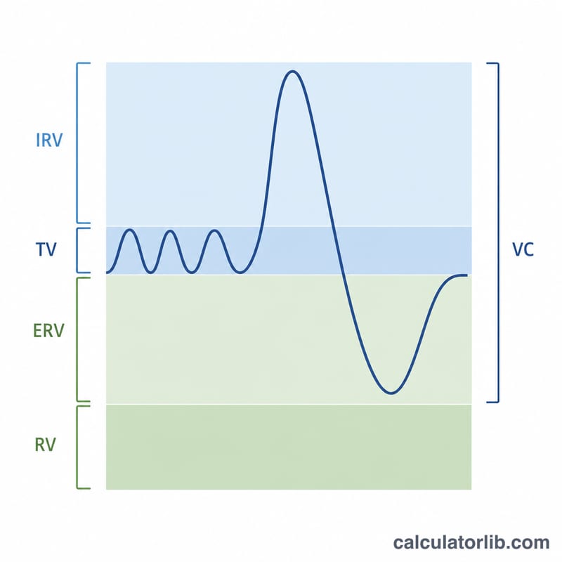 Diagram of lung volumes showing tidal volume, inspiratory and expiratory reserve volumes, residual volume and vital capacity on a breathing curve