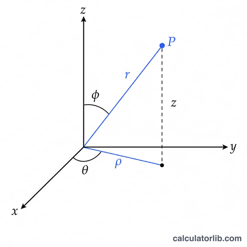Diagram showing a point in 3D space with spherical radius r, polar angle phi from the z-axis, and azimuthal angle theta, alongside its cylindrical projection rho and height z.