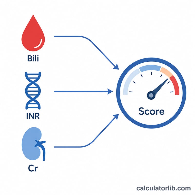 Three lab values feeding into a MELD score gauge
