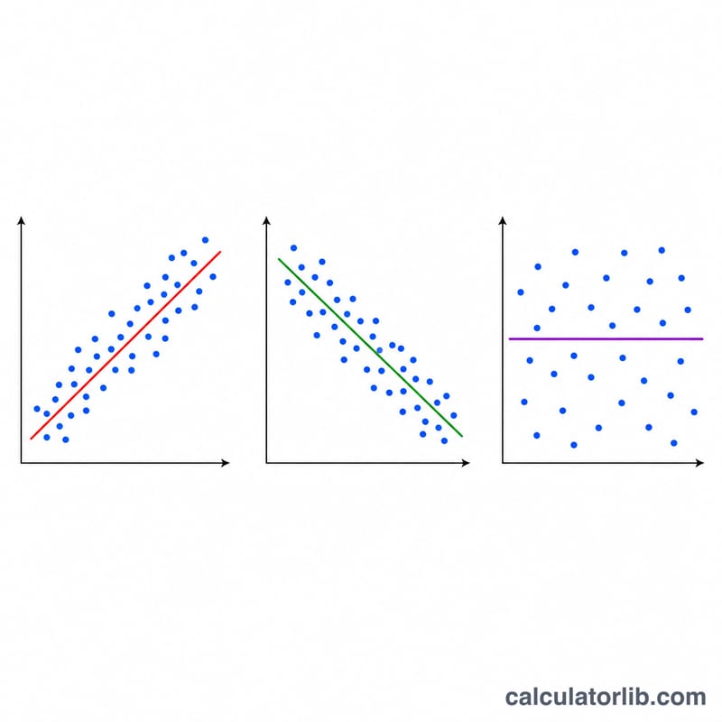 Three scatter plots showing positive, negative, and no correlation between two variables