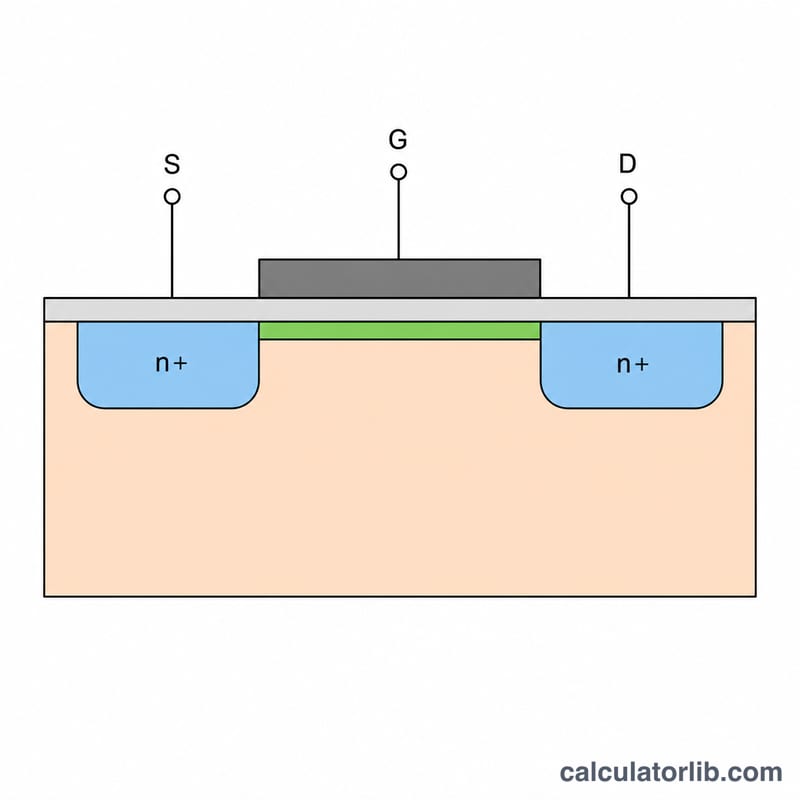 Cross-section of an n-channel MOSFET showing gate, oxide, source, drain and substrate with an inversion channel