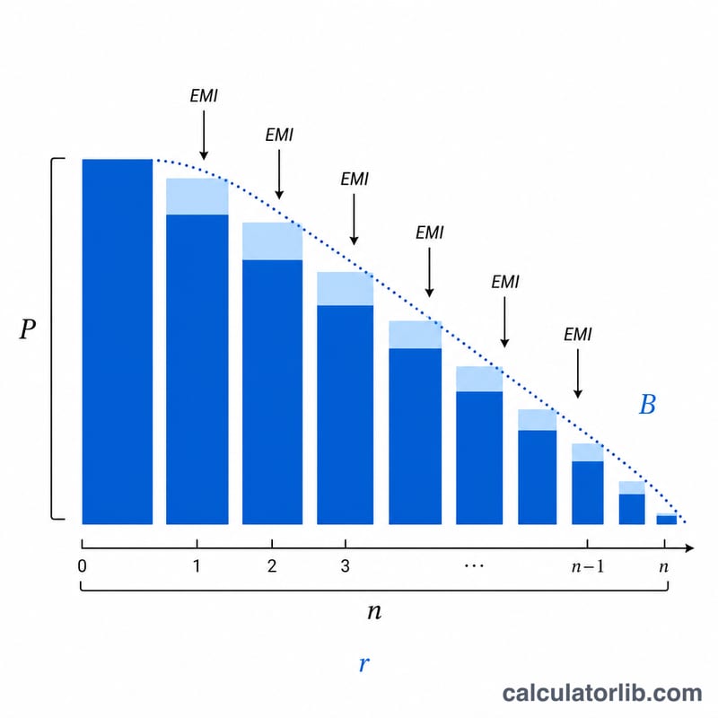 Diagram showing loan principal split into shrinking principal and accumulated interest over payment periods