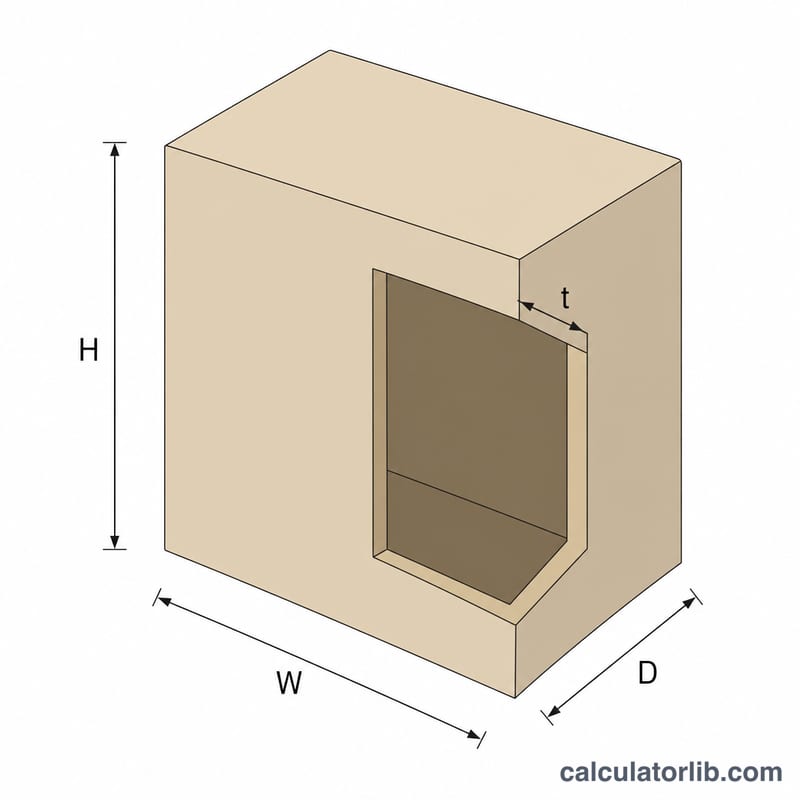Isometric speaker enclosure showing external height, width, depth and panel thickness t with inner cavity