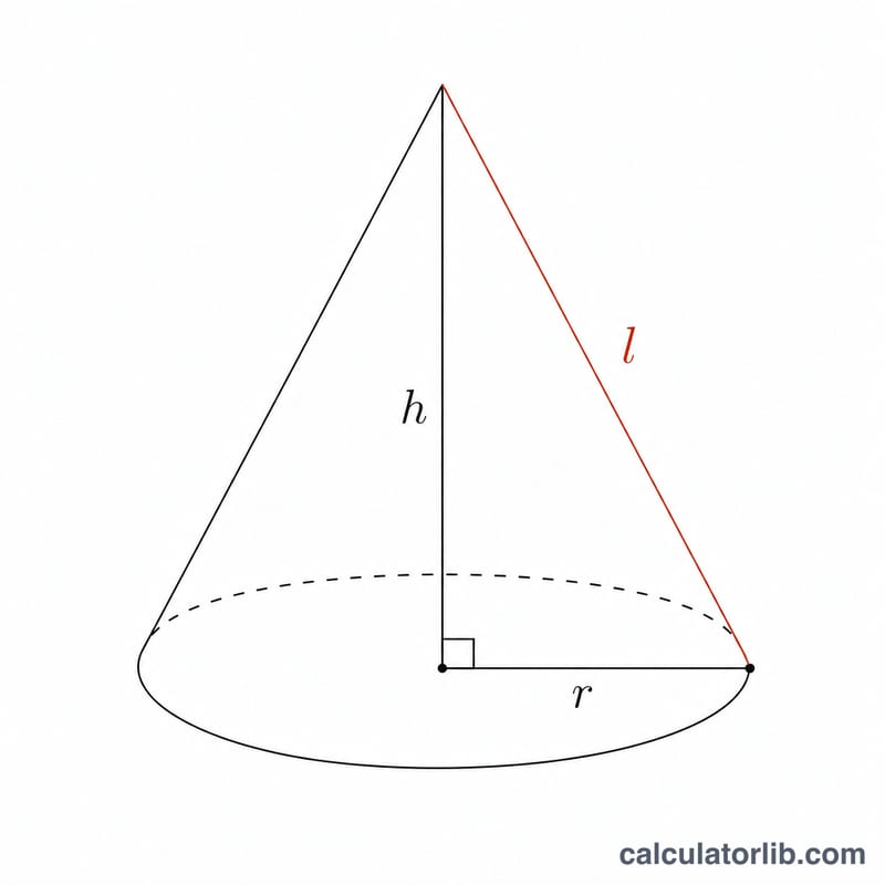 Cône circulaire droit montrant le rayon r, la hauteur h et l'apothème l formant un triangle rectangle