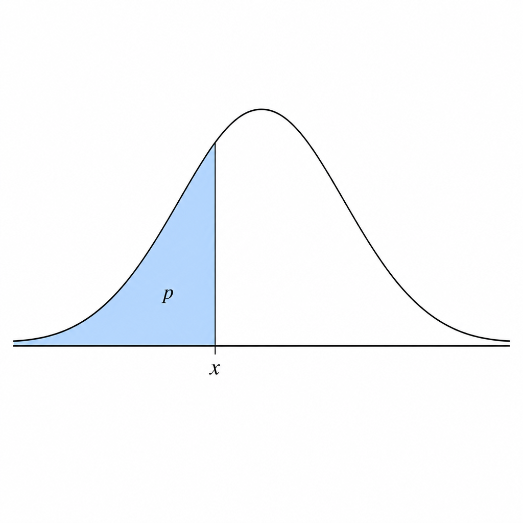 Normal bell curve with a shaded left tail area p and a vertical line marking the value x on the horizontal axis