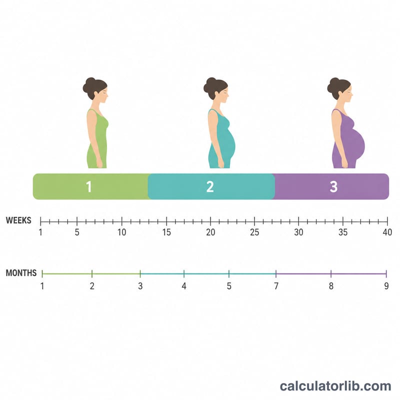 Pregnancy timeline showing weeks, months and three trimesters