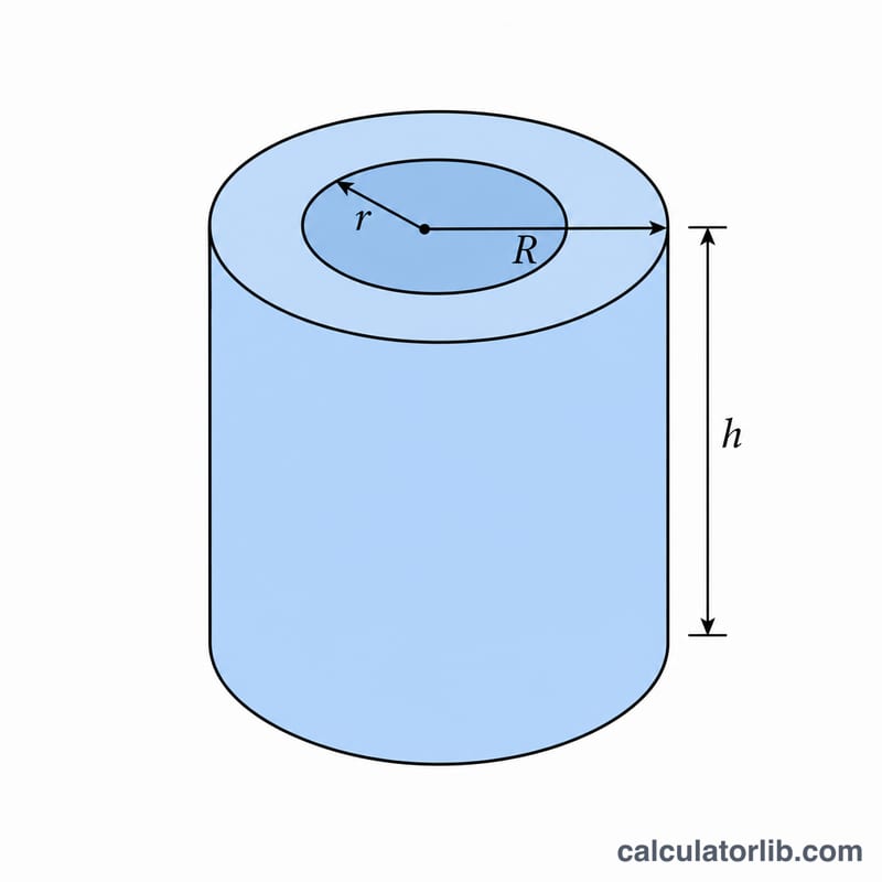 Hollow cylinder showing outer radius R, inner radius r and height h