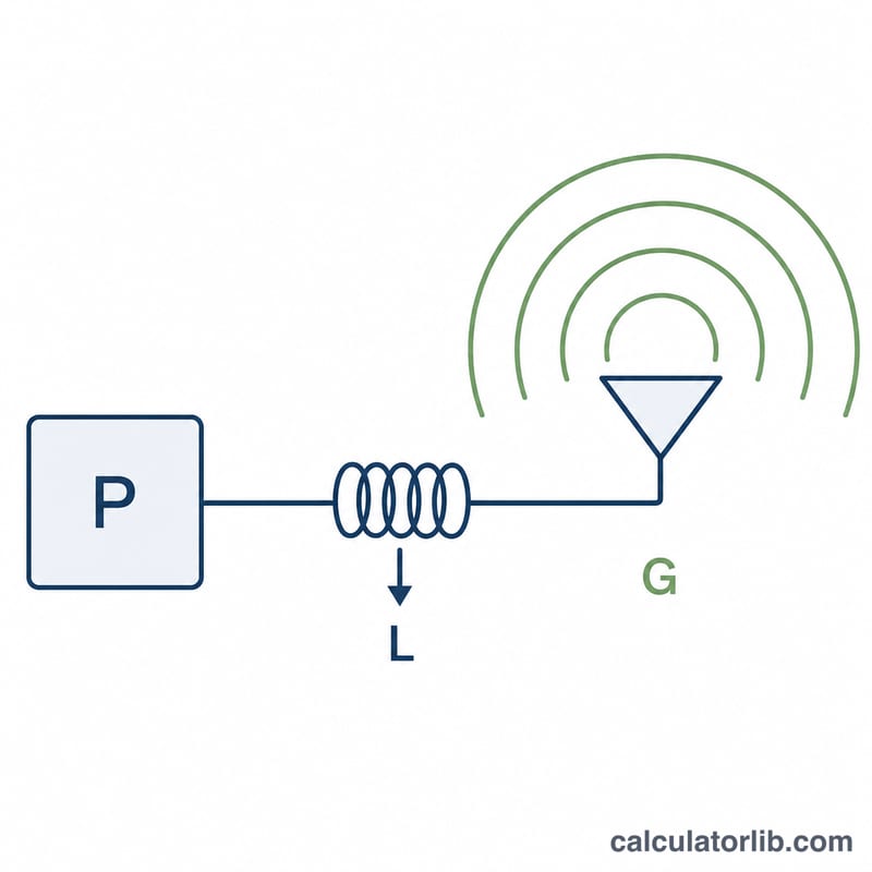 RF transmitter chain showing power, cable loss and antenna gain combining into radiated power