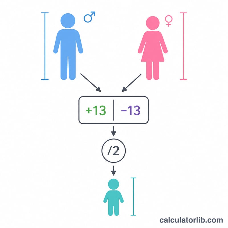 Diagram showing father and mother heights combined with a +13 or -13 adjustment divided by two to predict child height