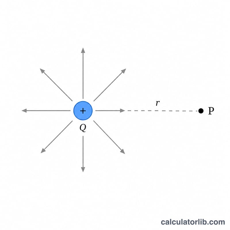 Point charge with radial field lines and a point P at distance r showing electric potential