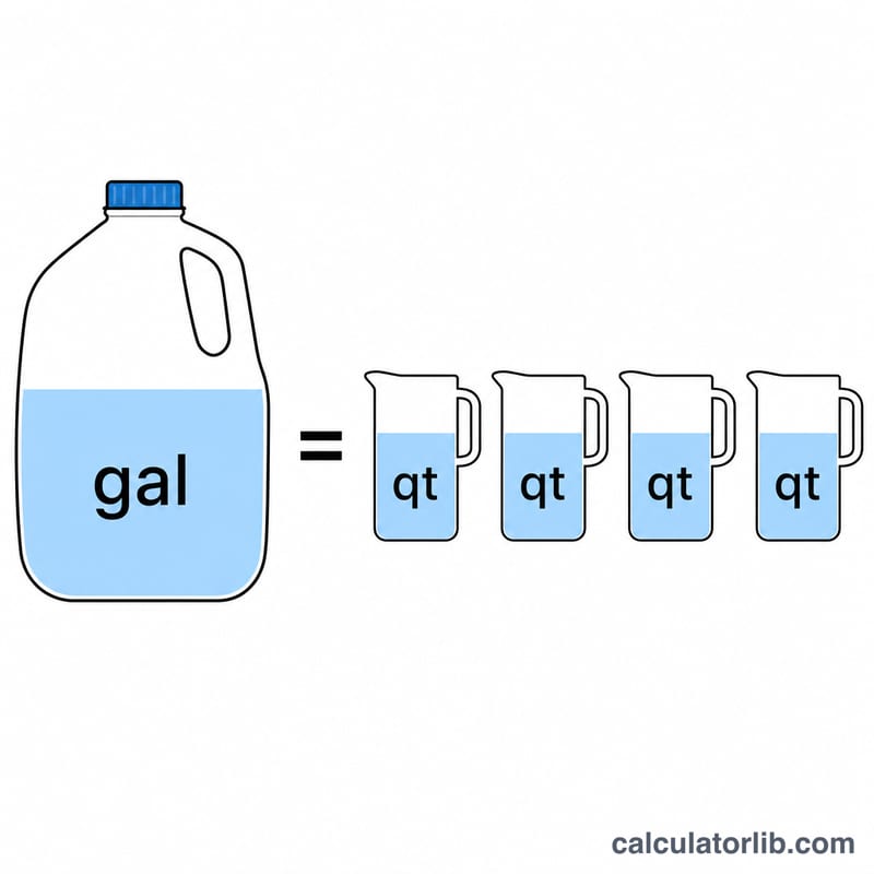 One gallon equals four quarts shown as one large jug and four smaller containers