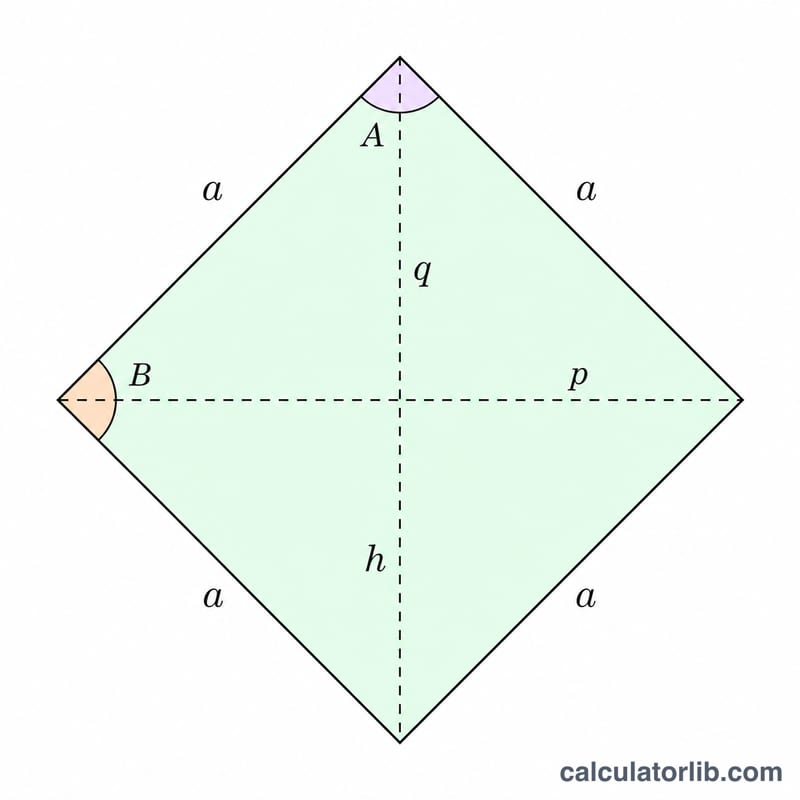 Losange avec côté, diagonales, angles et hauteur annotés