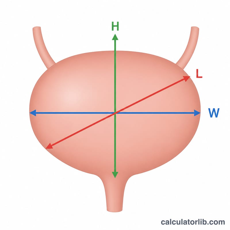 Bàng quang được vẽ như hình elipsoid với các trục dài, rộng và cao