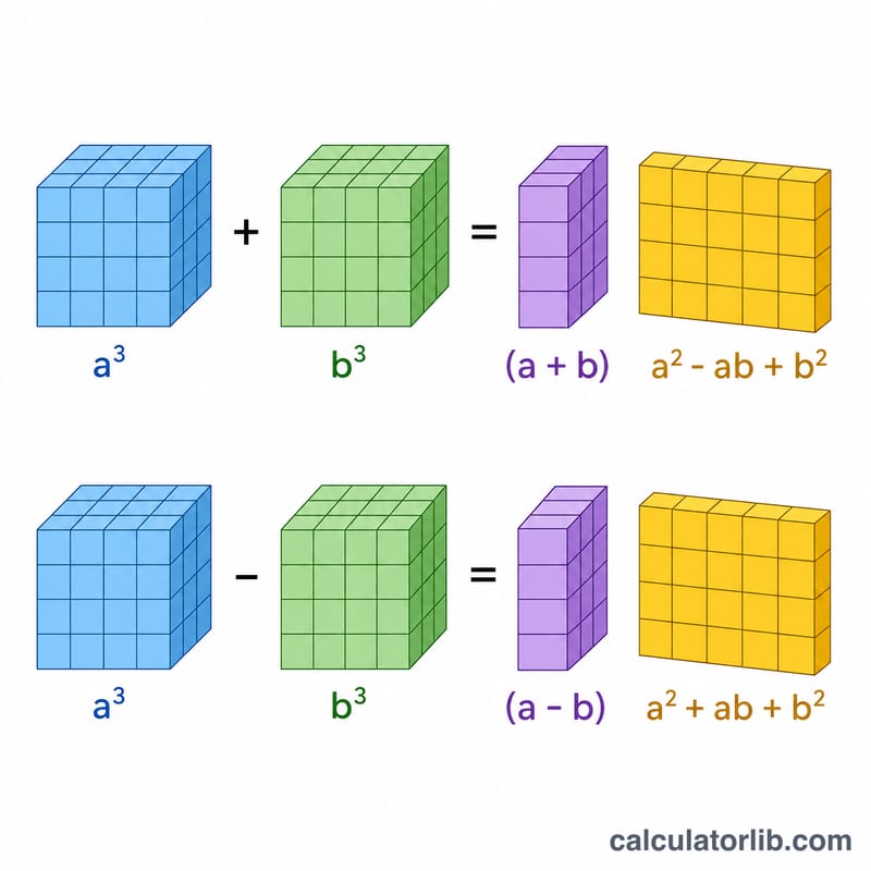 Flat diagram showing sum and difference of cubes factored into a binomial and a trinomial