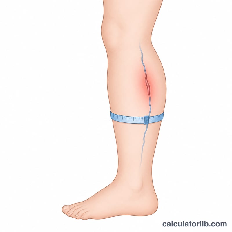 Leg showing DVT clinical signs: swelling, calf measurement, and tender deep vein