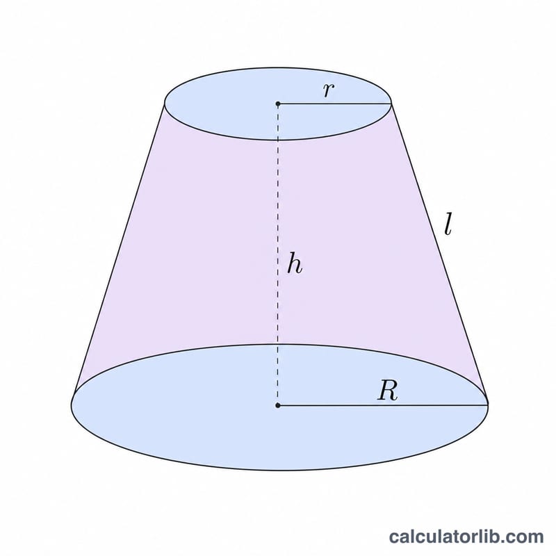 Conical frustum showing top radius r, bottom radius R, height h, and slant height l